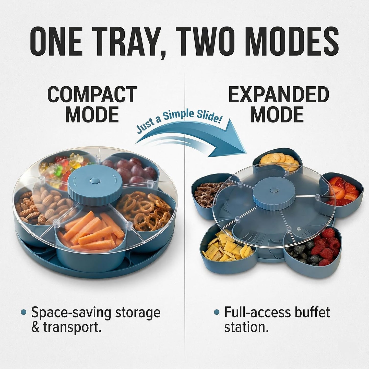 Divided Serving Tray that Spins with Lid, 5-Compartment Rotating Snack Container & Snackle Box, Lazy Susan Veggie Fruit Tray Organizer for Party Appetizers, Travel, Picnic (1PCS Gray)