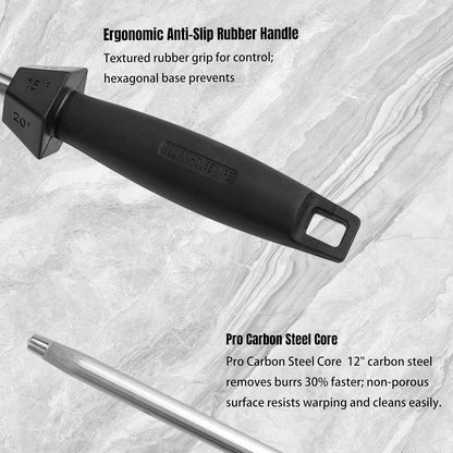 12-Inch Knife Sharpening Rod, Fine Carbon Honing Steel, Black Handle