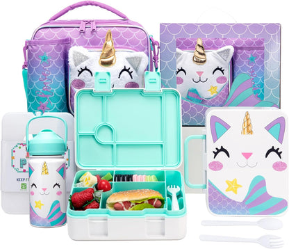 Kids Bento Lunch Box with 6 Compartments Girls Lunch Box with Lunch Bag,Stainless Steel Water Bottle,Ice Pack & Utensils Set,Birthday Gifts for Ages 3-12 Back to School Toddler Girls