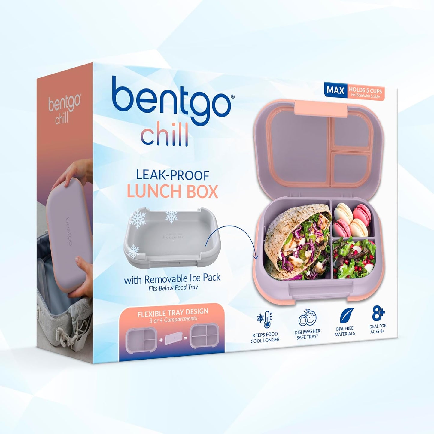 Bentgo Chill Max Leak-Proof XL Lunch Box - Included Ice Pack Keeps Food Cold; 5-Cup Capacity for Adults & Ages 8+, 3 or 4 Compartment Bento Box, BPA-Free, Dishwasher Safe (Bone & Glacier Blue)
