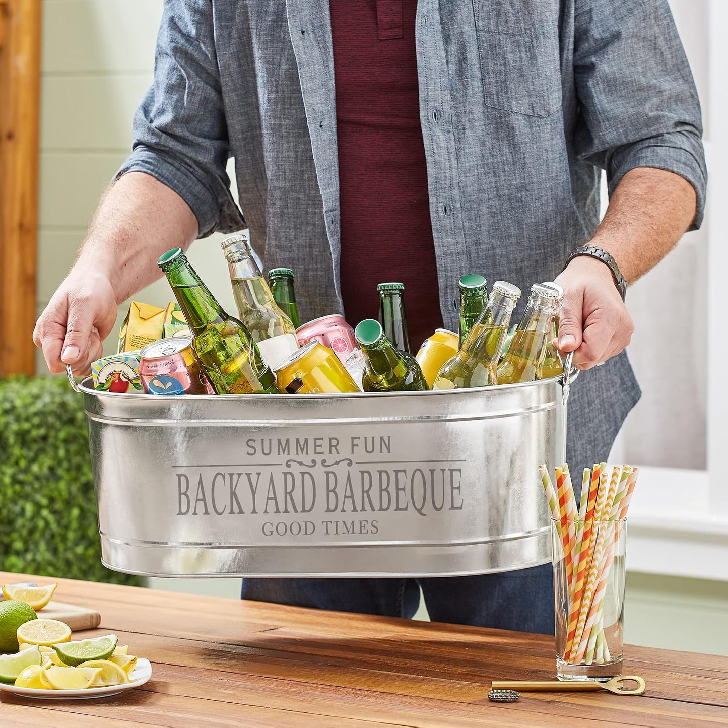 Let's Make Memories Personalized Beverage Tub - Custom Beverage Tub - Customize With Name & initial - Galvanized Drink Tub - 20 ¾"L x 11 ¾"W x 7" H - 5.5 Gallons