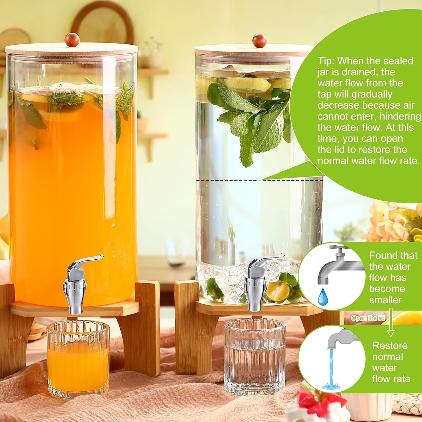 FillTouch 2 Pack 2.5 Gallon Drink Dispensers for Parties, Glass Beverage Dispensers with Bamboo Stand, Spigot and Bamboo Lid Leakproof for Lemonade Juice, Tea, Water, and Party Drinks