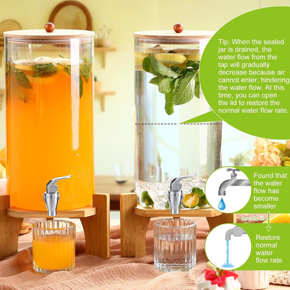 FillTouch 2 Pack 2.5 Gallon Drink Dispensers for Parties, Glass Beverage Dispensers with Bamboo Stand, Spigot and Bamboo Lid Leakproof for Lemonade Juice, Tea, Water, and Party Drinks