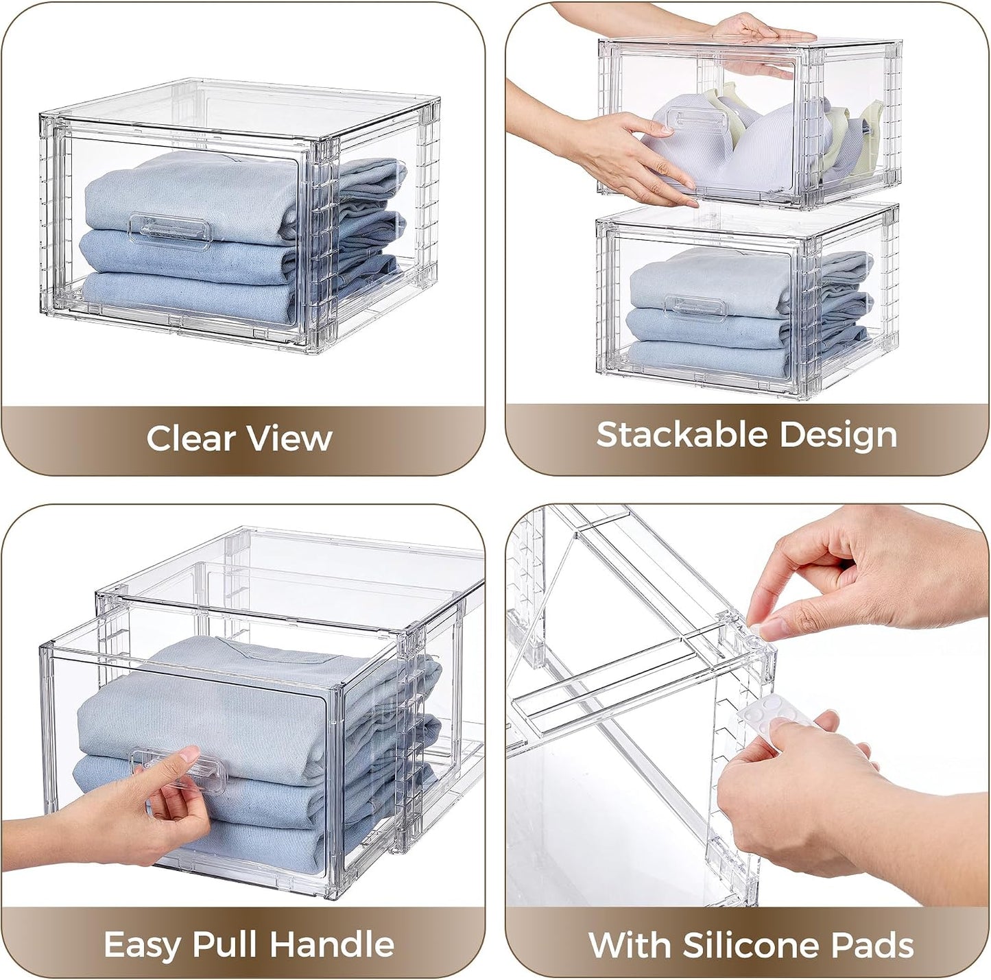 Vtopmart 6 Pack Clear Stackable Storage Bins 15QT, Easily Assemble Bathroom Organizers,Plastic Storage Bins for Kitchen Pantry,Under Sink Organization(Medium)