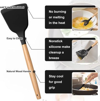 E-far Silicone Cooking Utensils Set, 5-Piece Kitchen Utensils Set with Wooden Handle for Cooking, Silicone Kitchen Nonstick Tools Spatula Turner Slotted Spoons, Nontoxic & Heat Resistant-Khaki