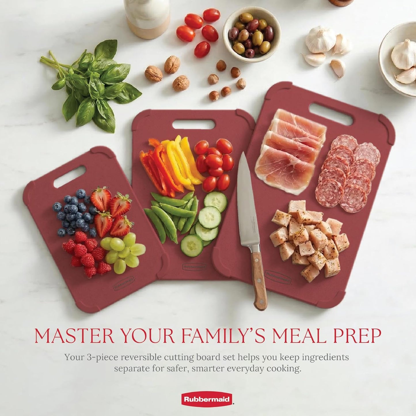 Rubbermaid 3pc Reversible Wheat Fiber Cutting Board Set | Cutting Boards for Kitchen – Dishwasher Safe, Non-Slip Corners, Lightweight & Easy To Store- Large Cutting Board for Meat, Veggies & Fruits
