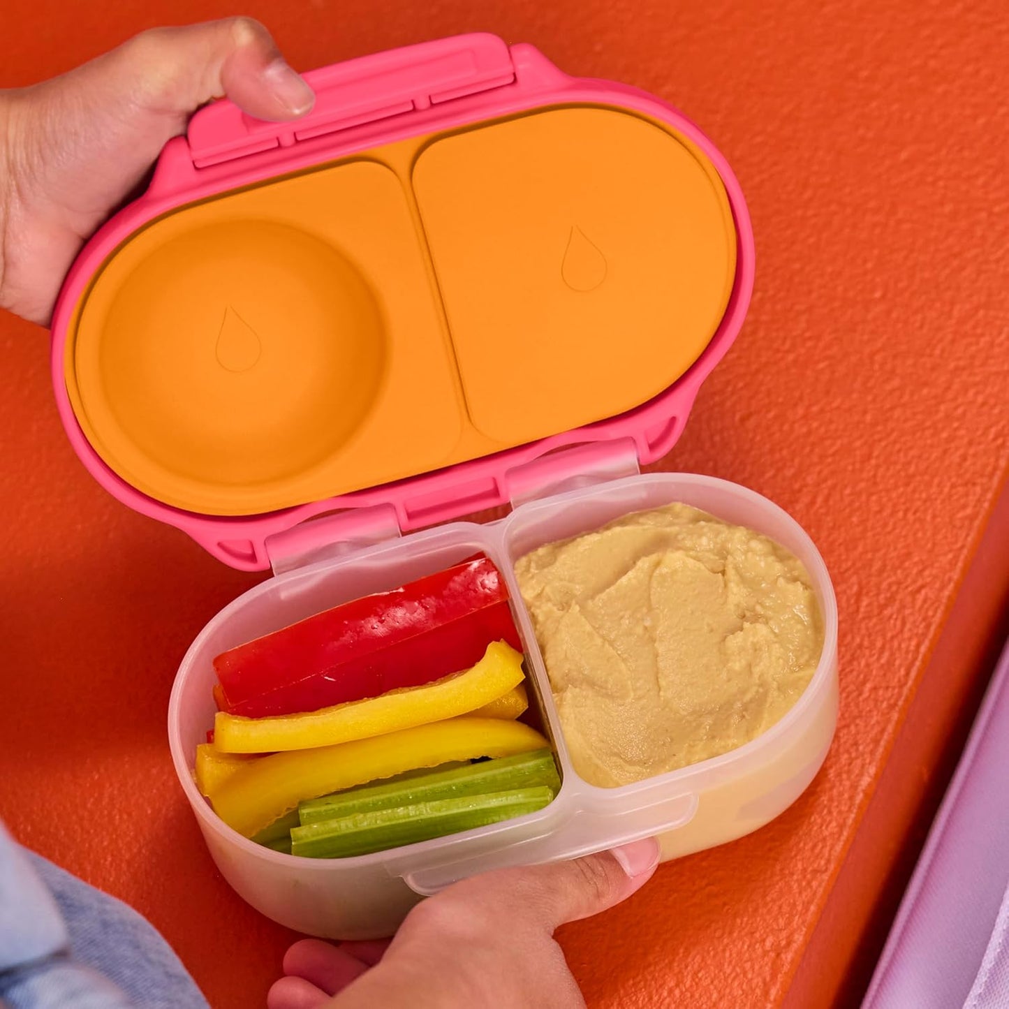 b.box Snack Box 2-Pack - Leak Proof Mini Bento Box for Kids & Toddlers, 2 Compartment Snack Containers for Kids, Dishwasher Safe, BPA-Free, PFAS-Free, Ages 4mo+, 1 3/4 Cup Each (Strawberry + Lilac)