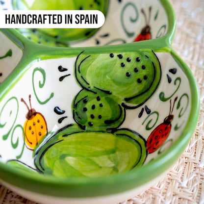 Ceramic Chip & Dip Bowl 7.5”, 3-Compartment Divided Serving Dish & Condiment Tray for Appetizers – Handmade in Spain, Lead-Free Glaze, Microwave, Oven & Dishwasher Safe