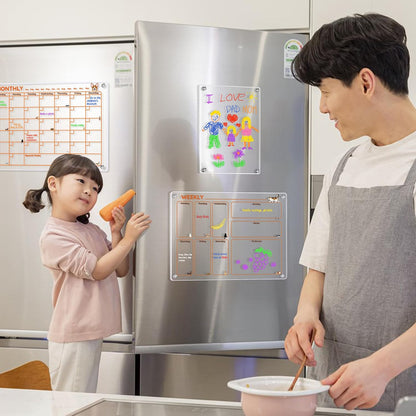Magnetic Acrylic Clear Fridge Calendar Planner Note Board Set for Fridge,8Colors Markers,Erase Towel (Clear, Monthly & Weekly)