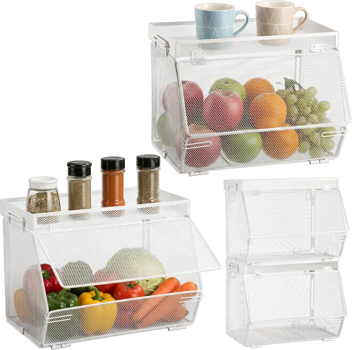 Teenyyou 2 Pcs Stackable Mesh Fruit Basket with Lid Wall Produce Vegetable Storage Basket Onion Potato Hanging Metal Wire Container for Kitchen Counter Pantry(Non-removable,Black,8.3" w & 13.8" l)