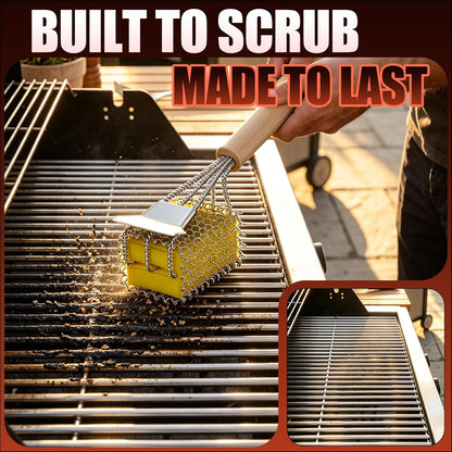 Bristle-Free Grill Brush with Scraper - Safe Steam Clean BBQ Brush with 18" Heat-Resistant Handle, 304 Stainless Locked-Core Mesh Head & HD Scraper | No Loose Wires Design | Grill Grate Cleaner Tool