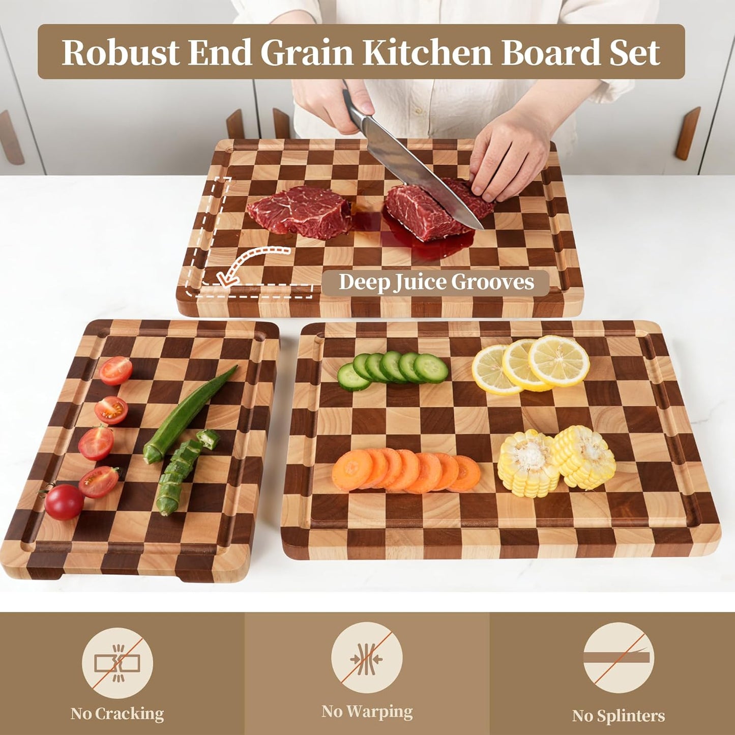 Checkered Cutting Board Set for Kitchen - 3 PCS Solid Wood End Grain Checkerboard Chopping Board with Holder & Juice Groove, Wooden Cutting Boards for Meat, Vegetables, Fruits (S, M, L)