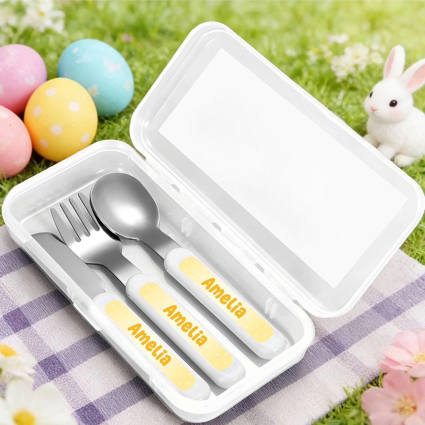 Personalized Stainless Steel Kids Utensils Set Custom Name on Kids Forks Knife and Spoons for 3 Pcs Kid Cutlery Set with Case (Truck)