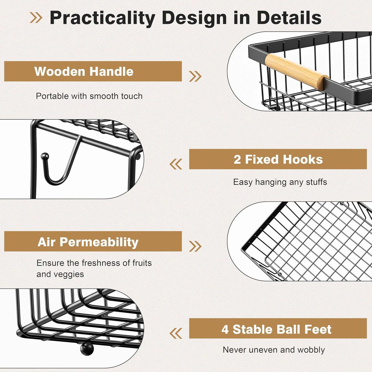 3 Tier Fruit Basket with 2 Banana Hangers for Kitchen Counter | 3-Tier Detachable Design,Metal Wire Construction, Wooden Handle, Large Capacity, Multi-Purpose Organizer,Mesh Basket