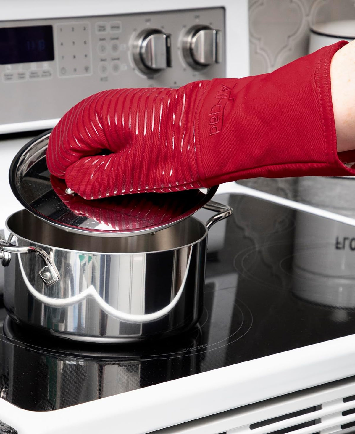 All-Clad Silicone Oven Mitts: Heat Resistant up to 500 Degrees - 100% Cotton & Silicone, 14"x7" Oven Mitt for Kitchen and Barbeque, Pewter