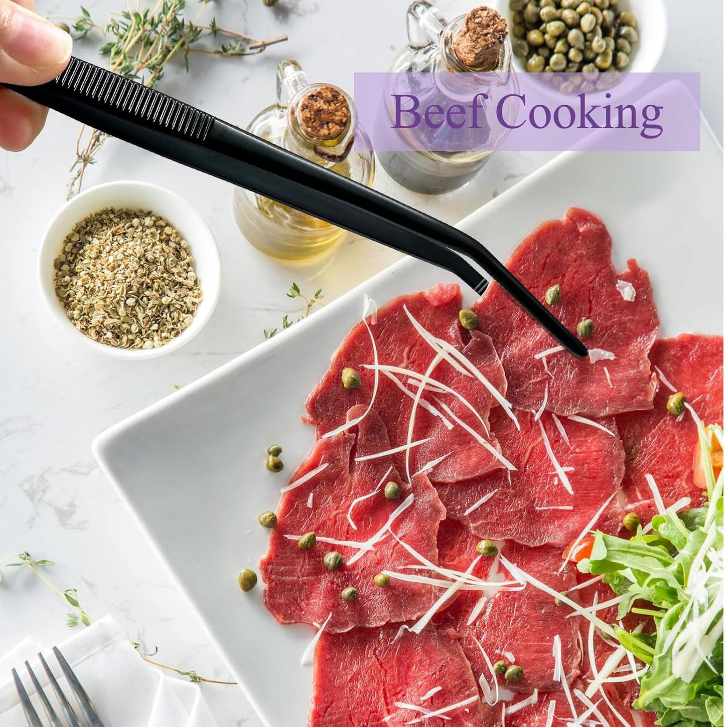 8-Inch Kitchen Tweezers Stainless Steel Culinary Plating Tweezer, Professional Chef Tweezer Food Tongs (Curved Head, Sliver)