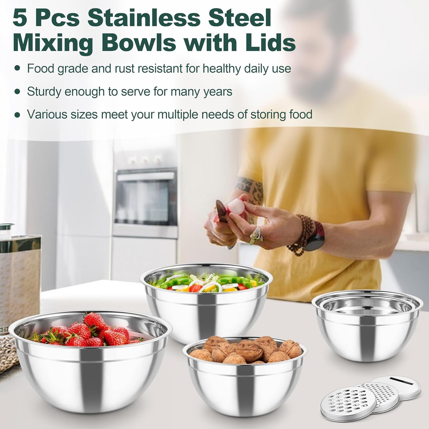 TeamFar Mixing Bowls, Stainless Steel Salad Serving Bowl with Clear Lids & 3 Graters, For Kitchen Cooking Prepping Storing, Size 4.6/2.6/1.5/1/0.7 QT, Nesting & Airtight, Set of 5 & Khaki