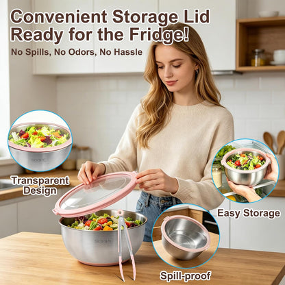 Stainless Steel Salad Spinner Large with 5 Blades Slicer, Lettuce Washer Spinner and Dryer, Vegetable Fruits Chopper Bowl, Egg Yolk Strainer Comes with Dipping Saucers and Clip, 5.3Qt