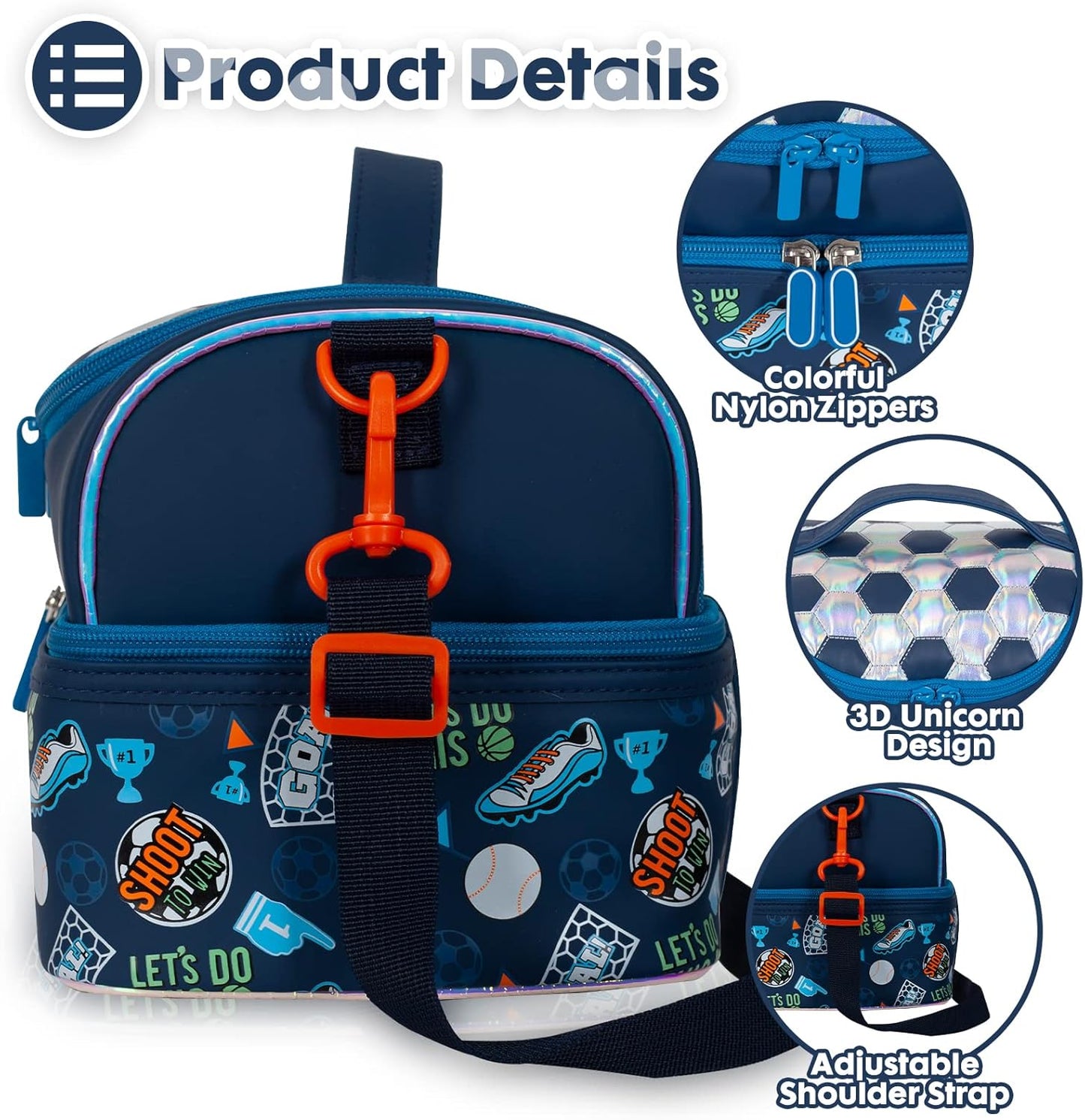Kids Double Decker Cooler Insulated Lunch Bag, Back to School Large Meal Tote for Boys, Girls, Men, Women, with Adjustable Strap, Soccer