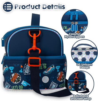 Kids Double Decker Cooler Insulated Lunch Bag, Back to School Large Meal Tote for Boys, Girls, Men, Women, with Adjustable Strap, Soccer