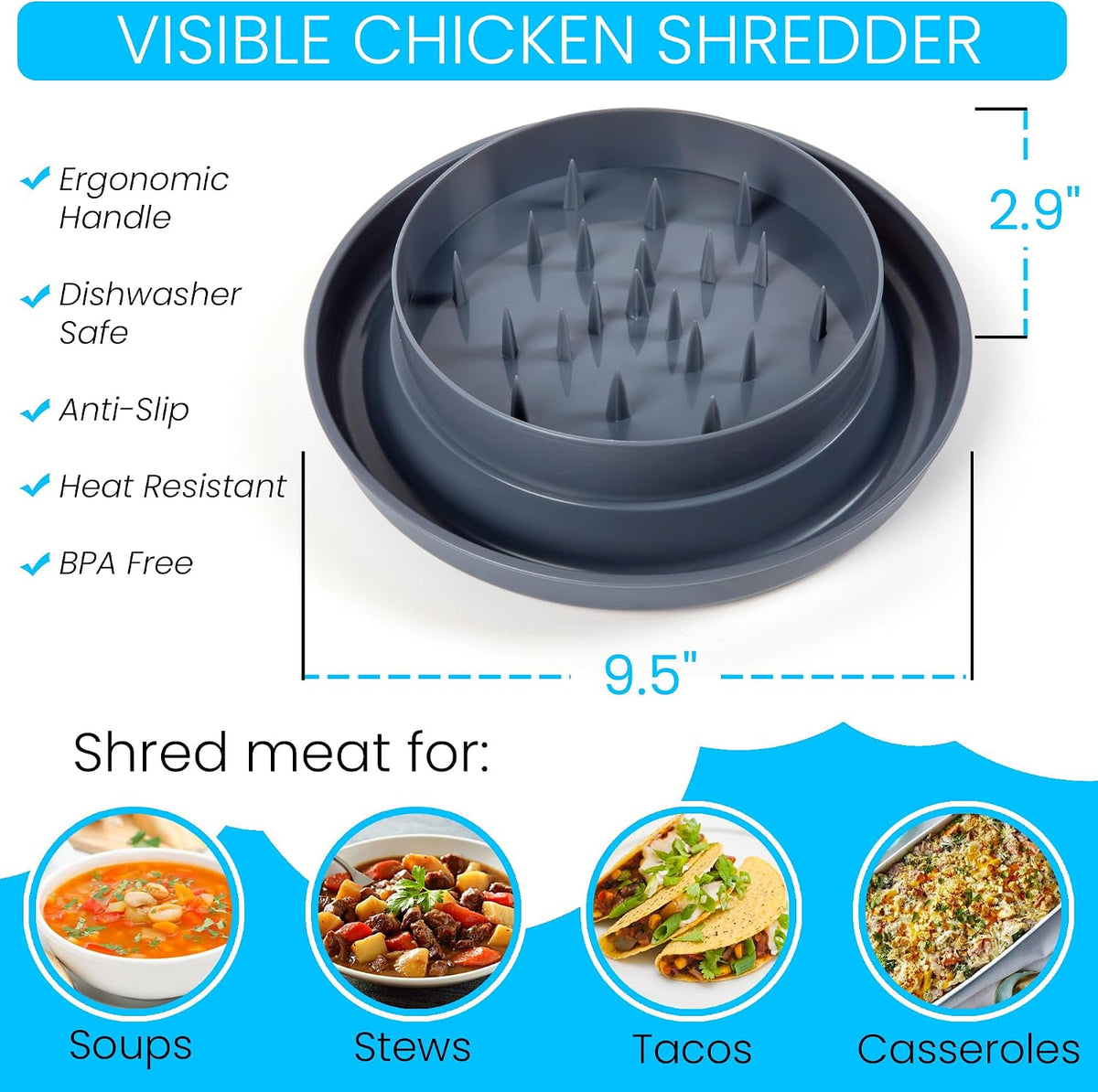 Chicken Shredder Tool for Meat, Large Chicken Breast Shredder with Lid, Anti-Slip Base & Ergonomic Handle,Heat Resistant, BPA Free, Dishwasher Safe