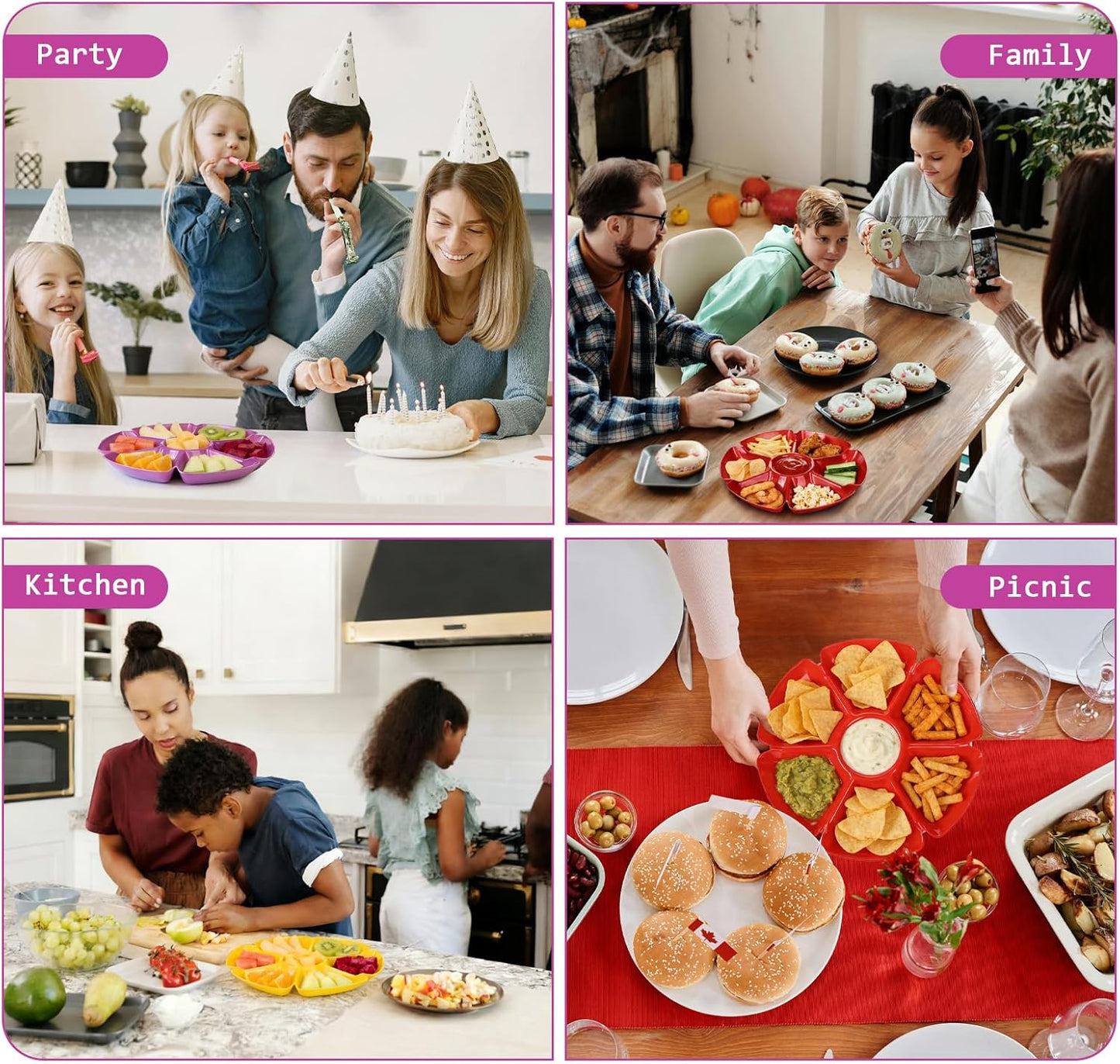 12 Pack Divided Serving Tray 7 Section Chip and Dip Platter Veggie Fruit Trays for Serving for Party with 100 Forks for Fruits, Veggies, Candy, Snack, Dessert, 12 inch