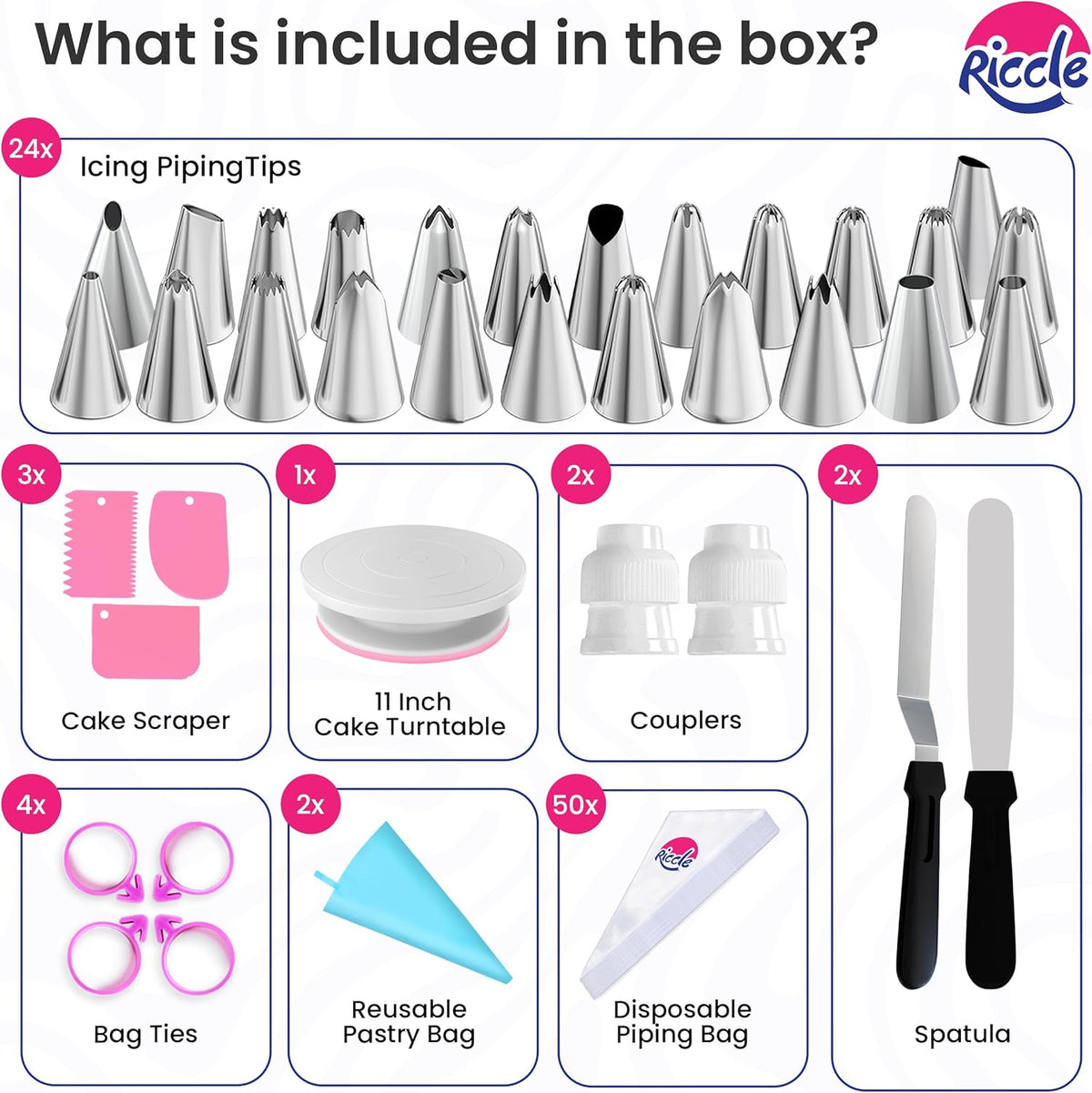 Riccle 88 pc Cake Decorating Kit & Cake Turntable -Piping Bags and Tips Set