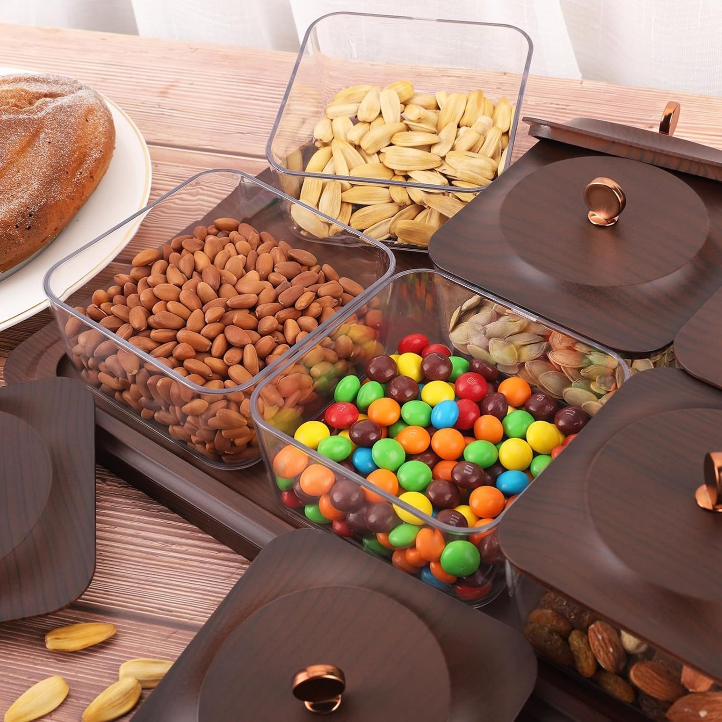 Serving Set: Plastic Imitated Wood Serving Tray & 4 Snack Boxes with Lid, Ideal for Home, Party & Birthday