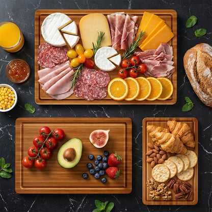 3 Pack Non Toxic Bamboo Cutting Board Set with Non Slip Feet and Juice Groove Solid Wooden Chopping Boards for Kitchen Meat Hard Large Wood Cutting Board Serving Bread Charcuterie Boards Butcher Block