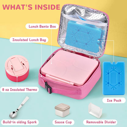 MAXSO Bento Lunch Box Set with 8 oz Soup Thermo, Kids Leakproof 4 Compartments Hot Food Container with Sauce Cup, Ice Pack and Lunch Bag, Child Insulated Food Jar for School - Black