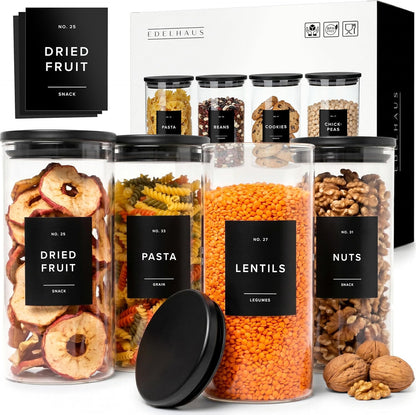 EDELHAUS 2x Large Glass Storage Containers with Airtight Black Lids [135oz/4000ml] | Extra Thick Glass Canisters for Pantry + 63 Labels | Flour Rice Cereal Sugar Coffee Beans Tea