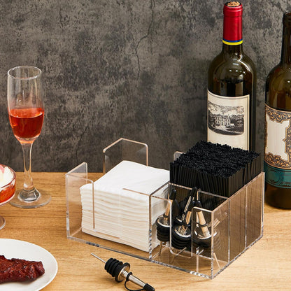 Mifoci Wooden Bar Caddy with 6 Compartments, Acacia Wood Bar Caddy Napkin & Straw Holder Organizer Cocktail Napkin Holder Condiments for Home Office Kitchen Countertop (Brown, 10.6 L x 5.5 W)
