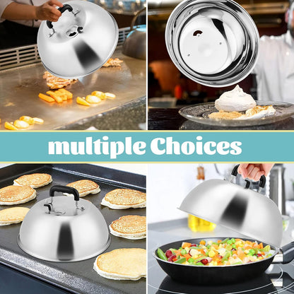 HaSteeL Cheese Melting Dome Set of 2, 12 Inch Round Basting Cover Metal Steam Cover, Stainless Steel Griddle Accessories for Flat Top Grill/Outdoor BBQ/Kitchen Cooking