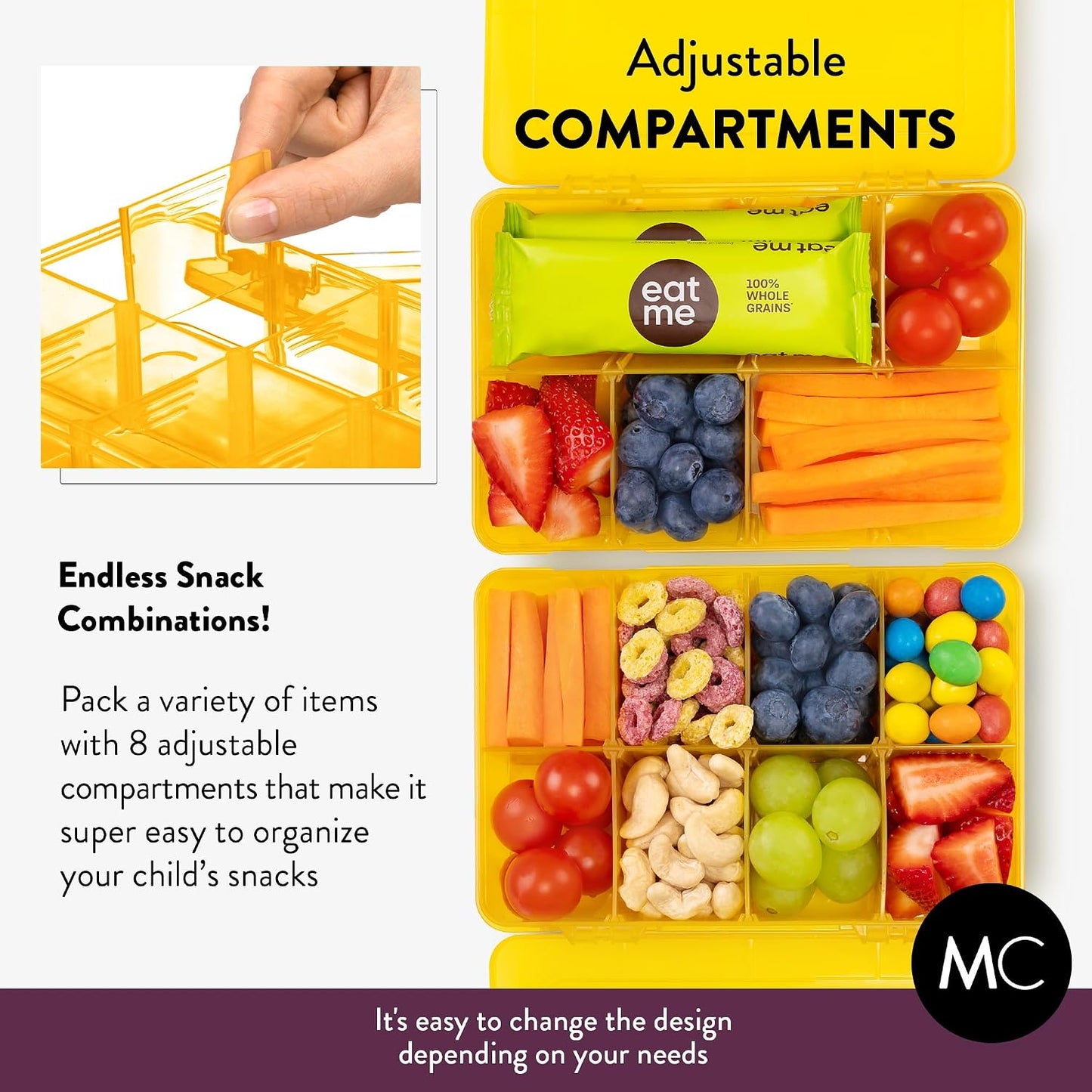 Large Kids Snack Box Containers Set of 2 -100 Labels, BPA-Free, Adjustable Compartments, Dishwasher Safe, Reusable Tray, Food Grade, Meal Prep Container, PARENT TESTED PARENT APPROVED AWARD (Clear)