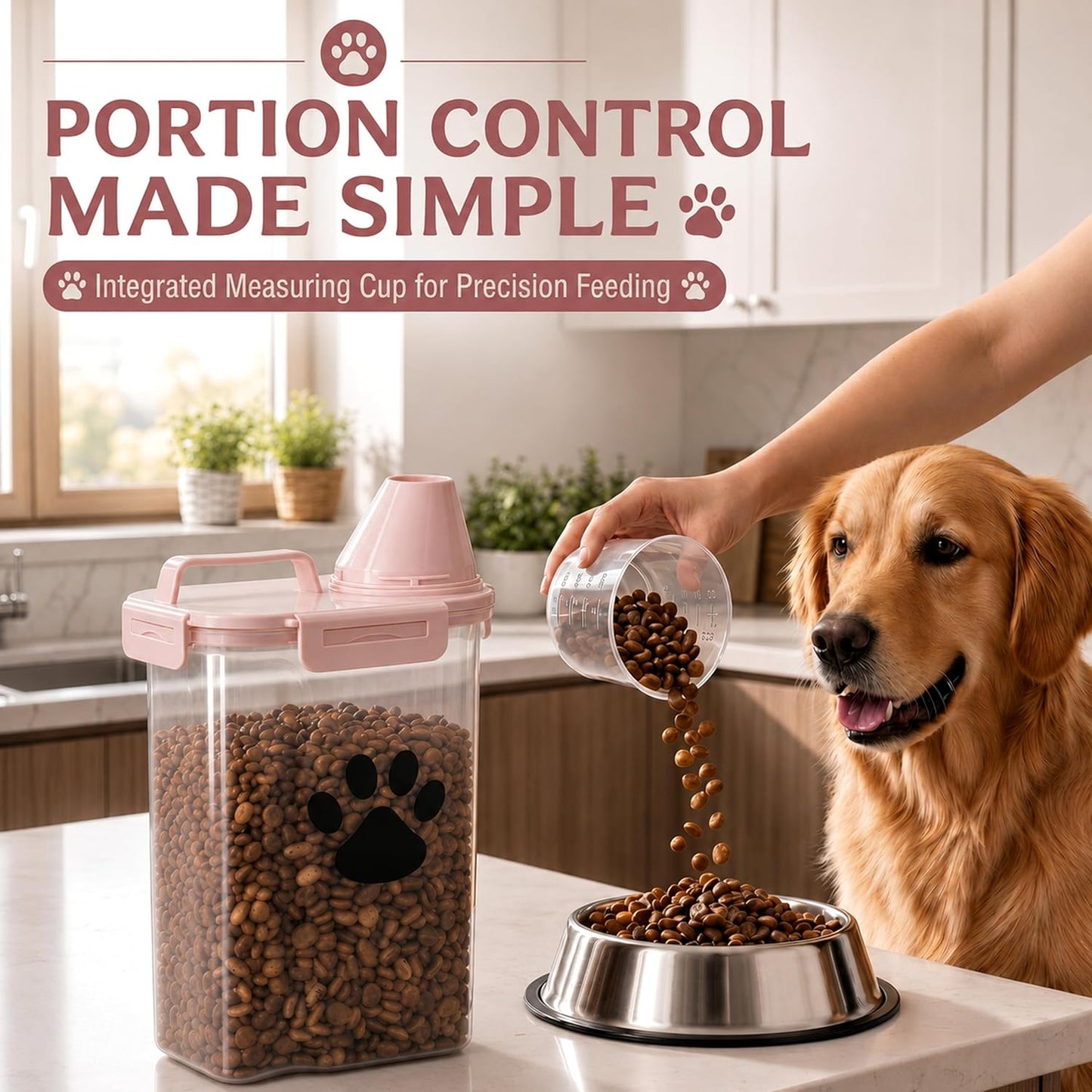 Dog Storage Container with cleaning brush,Measuring Cup,Portable Pet Food Containers with Upgraded Large Spout and Cup for Dogs,Cats,Birds,Small Animals(White)