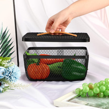 Tandefio 4 Pcs Metal Mesh Basket with Lid and Wooden Handle 9.65 x 7.68 Inch Wire Storage Basket Garden Baskets Organizer Containers for Vegetable Fruit Picnic Kitchen Bathroom (White)