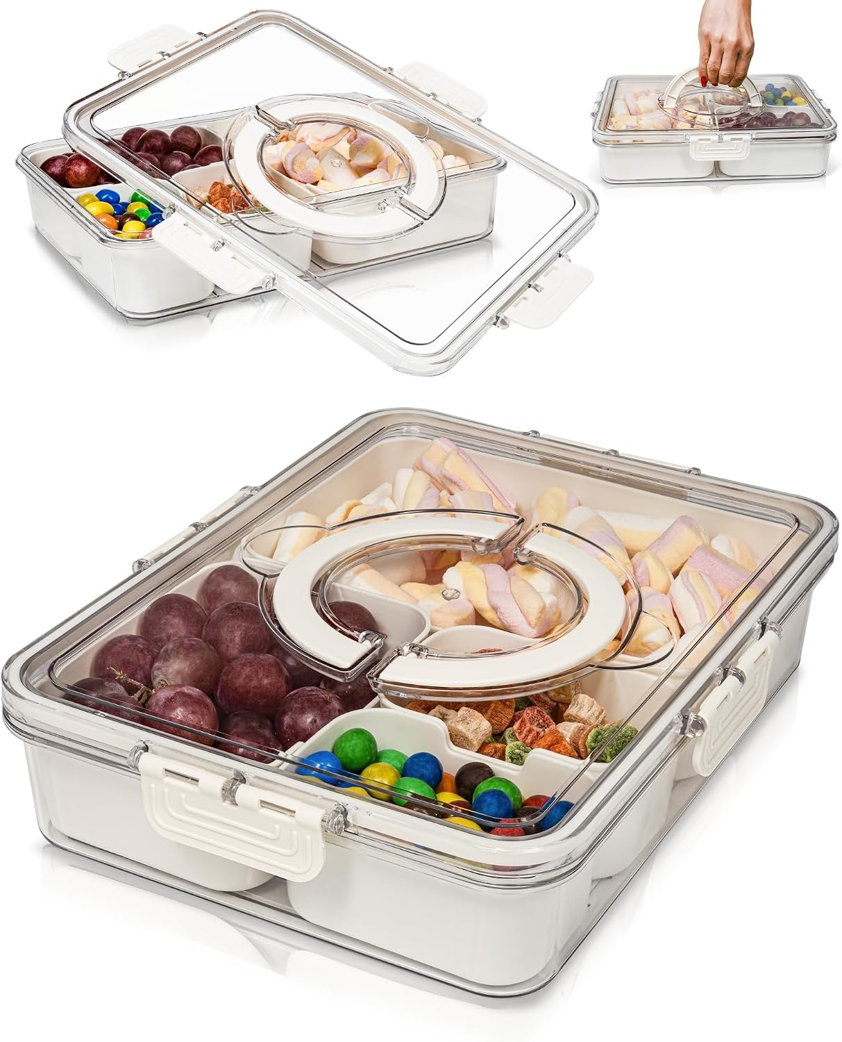 Divided Serving Tray with Lid and Handle – Elegant 4-Compartment Snackle Box for Snacks, Appetizers, Fruits, and Party Entertaining (Cream).