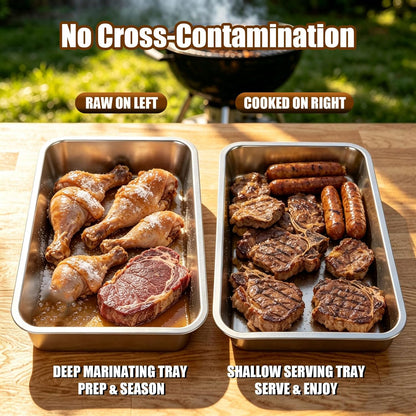 20" Stainless Steel Grill Carry System, 4-Piece Deep & Shallow Trays with Lid and Cutting Board, for BBQ Meat Marinating, Carrying & Serving