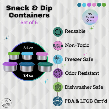 Alpine Elevation 12 Pcs - 6 Stainless Steel Containers + 6 Silicone Lids | 304 Stainless Steel Snack Container | Nesting Snack and Dip Containers | Metal Food Storage
