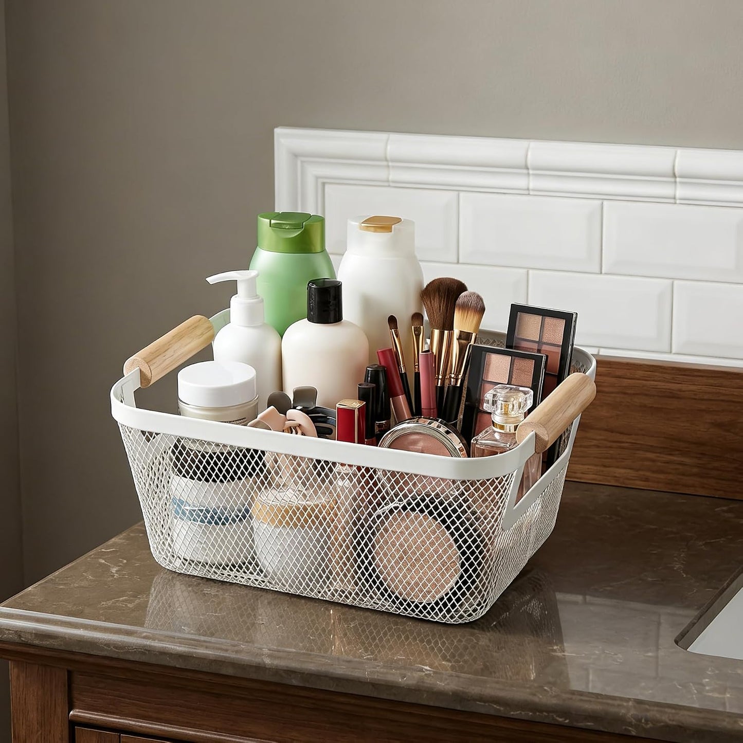 2-Pack Metal Mesh Basket, Large Wire Storage Organizer with Wood Handle for Kitchen Pantry, Bathroom, Cabinet, Closet, Picnic & Home Organization, Large, Black
