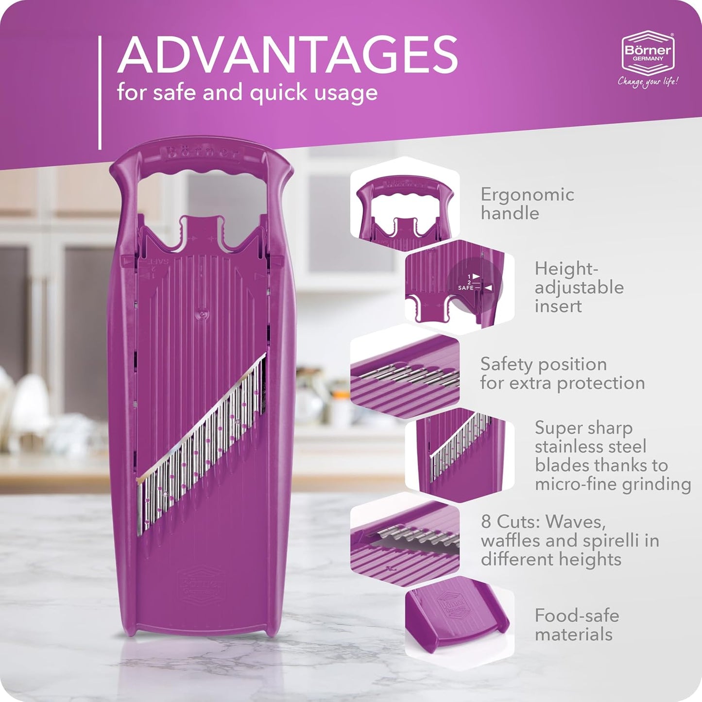 Börner by Reston Lloyd Wave-Waffle Power Line • Crinkle Cut/Spirelli Vegetable Slicer • Slicer for Wave Waffle Cut Style • Multiple Thickness Options • Made in Germany, Orange