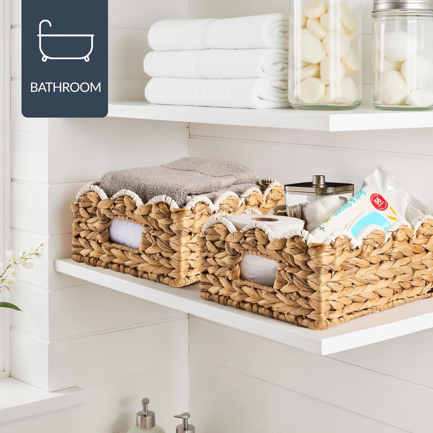 Best Choice Products 9x12 Scalloped Shelf Baskets, Woven Storage Bins, Storage Organizers for Pantry, Living Room, Bedroom, Nursery & Laundry, 4 Pack - Natural with White Trim