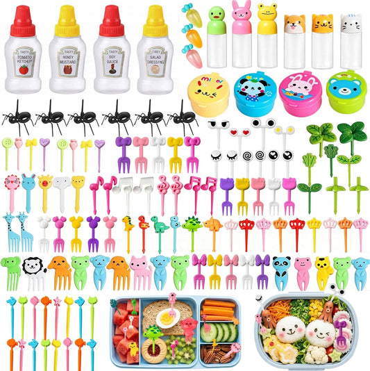 143 Pcs Bento Box accessories Ketchup Squeeze Bottles Kids Lunch Accessories Reusable Food Picks Mini Sauce Bottles And Animal Fruit Food Toothpicks for Camping Office Lunch Box Accessories