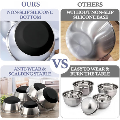 Mixing Bowls with Lids Set,7PCS Stainless Steel Bowls with 3 Grater Attachments and Measuring Spoons,Ideal for Kitchen Cooking & Serving,Non-slip Bottoms Size 6, 4, 3, 2.1,1.5,1,0.63QT (Black)