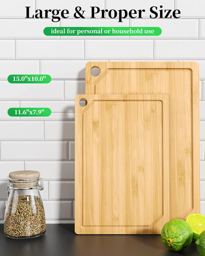 Kitsure Bamboo Cutting Board Set - Multi-Sizes Wooden Cutting Boards for Kitchen, Convenient Kitchen Essentials with Deep Juice Grooves, Cutting Board for Chopping & Serving, 2 Pack, Natural
