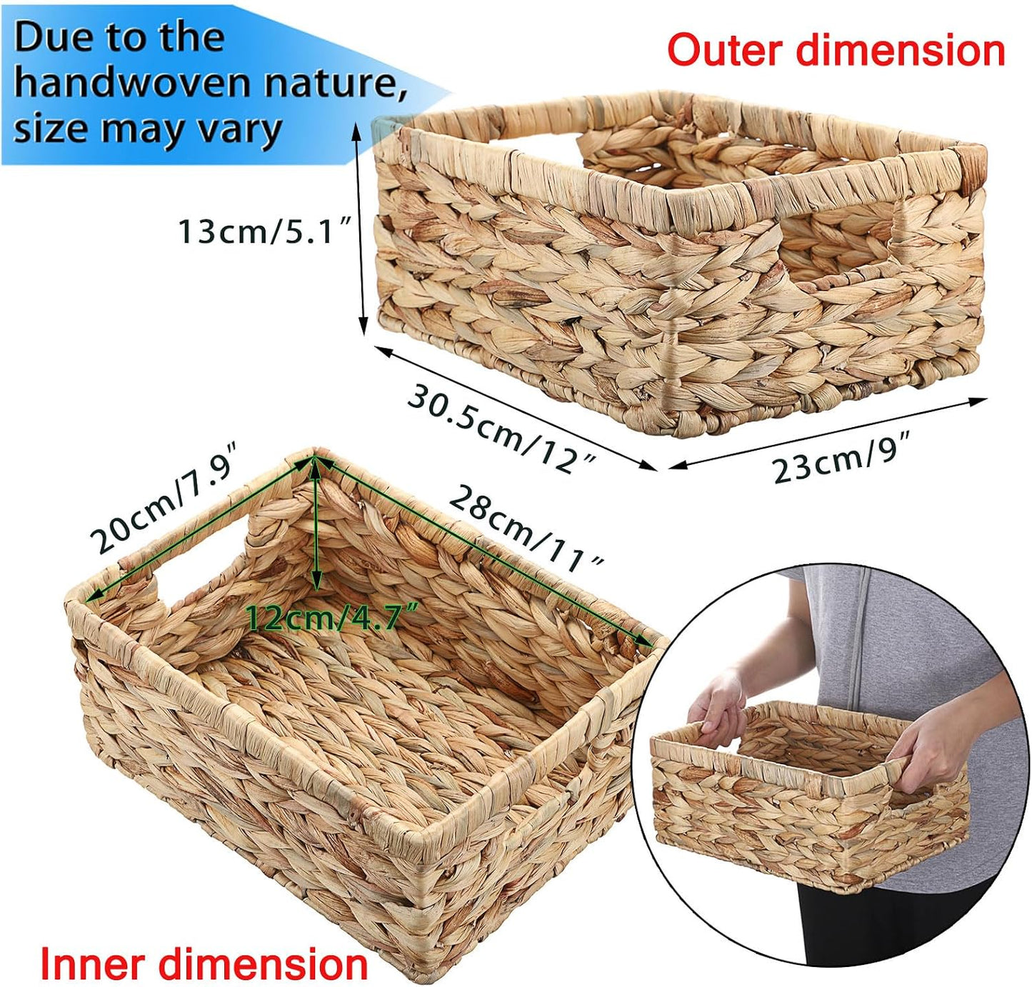 Hipiwe Wicker Basket Water Hyacinth Baskets Rectangular Decorative Baskets Bin for Shelf Organizing, Handwoven Storage Basket Bins with Built-in Handles,15.9"x12"x5.9"