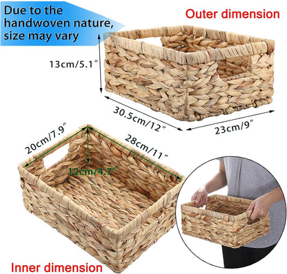 Hipiwe Wicker Basket Water Hyacinth Baskets Rectangular Decorative Baskets Bin for Shelf Organizing, Handwoven Storage Basket Bins with Built-in Handles,15.9"x12"x5.9"