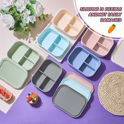 Layhit 4 Pcs Silicone Bento Box for Adults, 27 oz Bento Lunch Container Reusable 3 Compartment Lunchable Food Container for Women Men, Leak Proof Microwave Dishwasher Freezer Safe (Cool Colors)