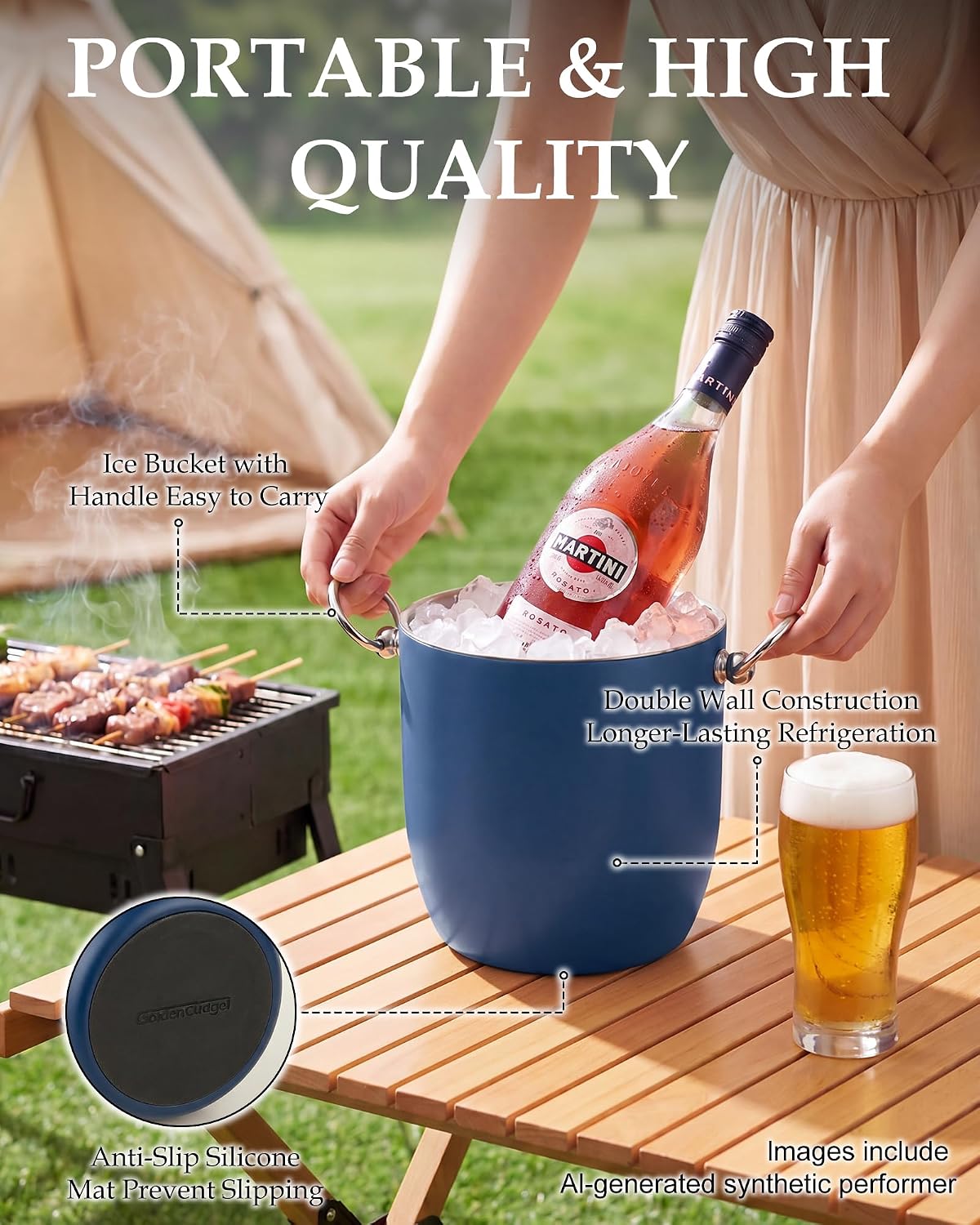 Insulated Ice Bucket, 3L Double Wall Stainless Steel Ice Bucket with Tongs,Lid, Scoop and Strainer, Ice Buckets for Parties,Cocktail Bars, Chilling Beer, Champagne, Wine Bottles