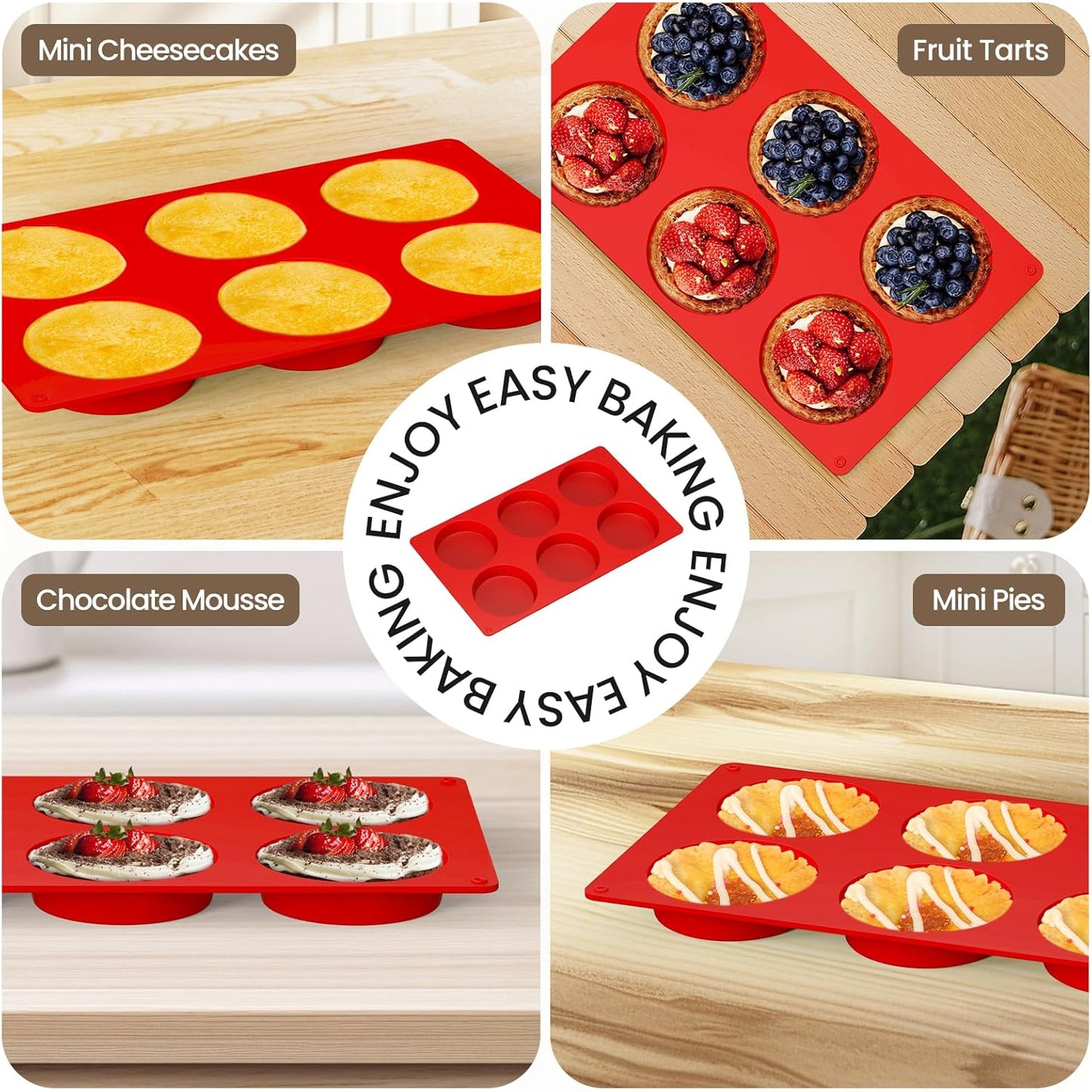 Redfly Silicone Egg Molds for Breakfast Sandwiches 2 Pcs, Non Stick 3 Inch Egg Bites Baking Pans, Silicone Muffin Pans for Baking, Round Muffin Top Pan for Whoopie Pie Pan, Tarts, Quiche